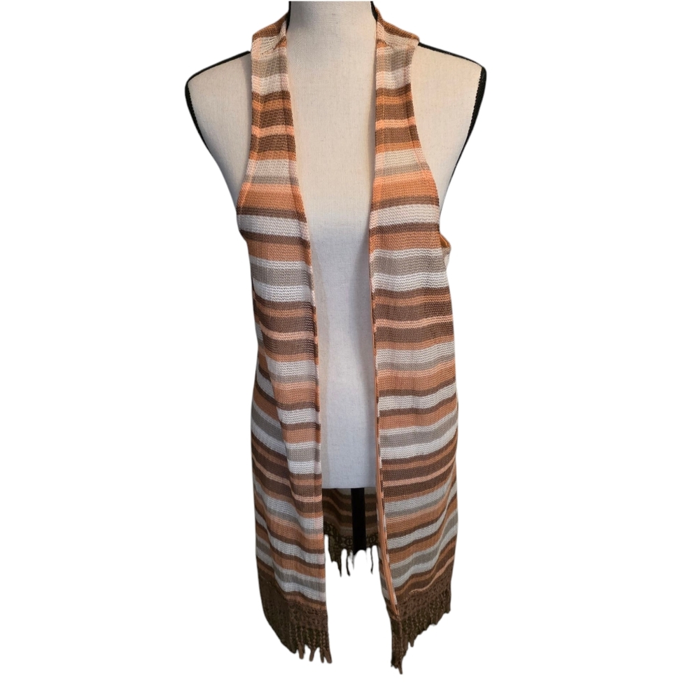 Almost Famous Boho Sleeveless Open Front Crochet Long Cardigan Size Large